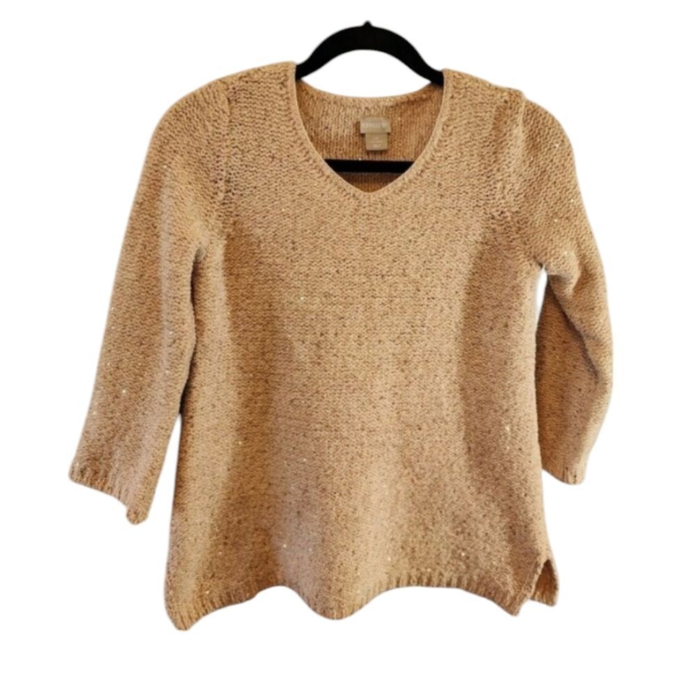 CHICOS WOMENS LONG SLEEVE PULLOVER VNECK SEQUIN SWEATER SIZE 0 P LIGHT PINK